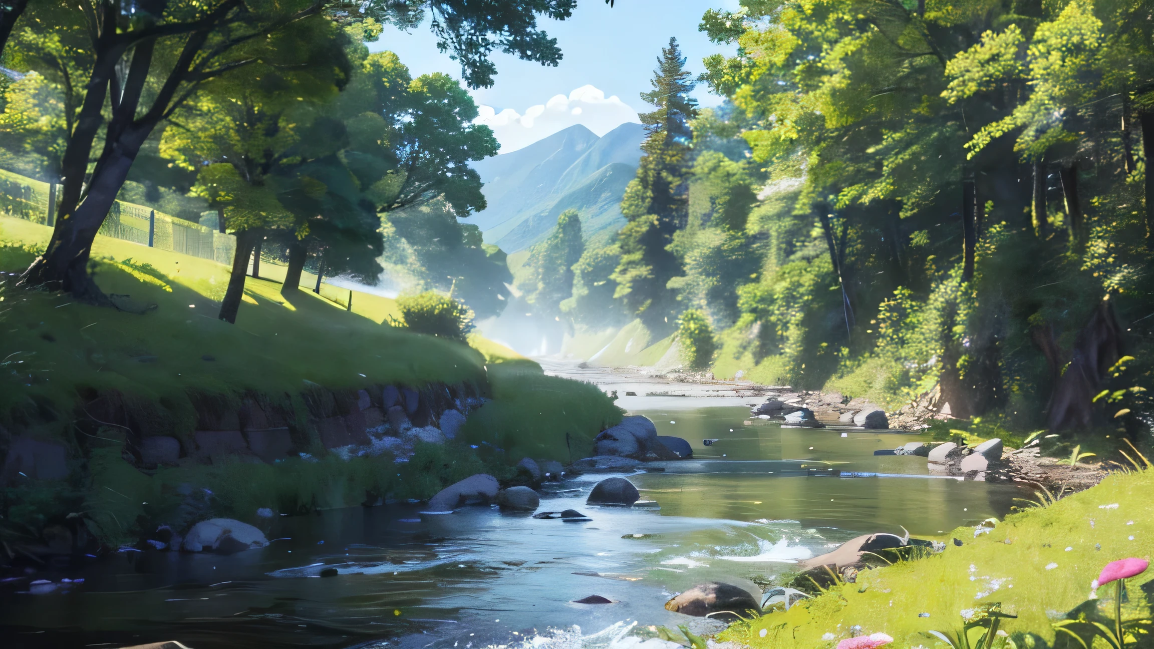 Amidst beautiful natural scenery、A small river flows through it。Lush trees around the river々And the grass and flowers are lush.。Mountains in the distance々I can see、The sky is clear and blue。 