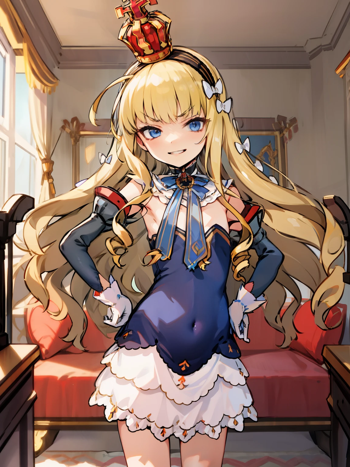 eqlc, 1girl, long hair, solo, strapless dress, blonde hair, crown, blue eyes, hairband, looking at viewer, white gloves, small breasts, flat chest, covered navel, bow, black hairband, detached sleeves, bangs, mini crown, detached collar, evil face,  smirk, parted lips, hands on hips, in the bedroom, standing 