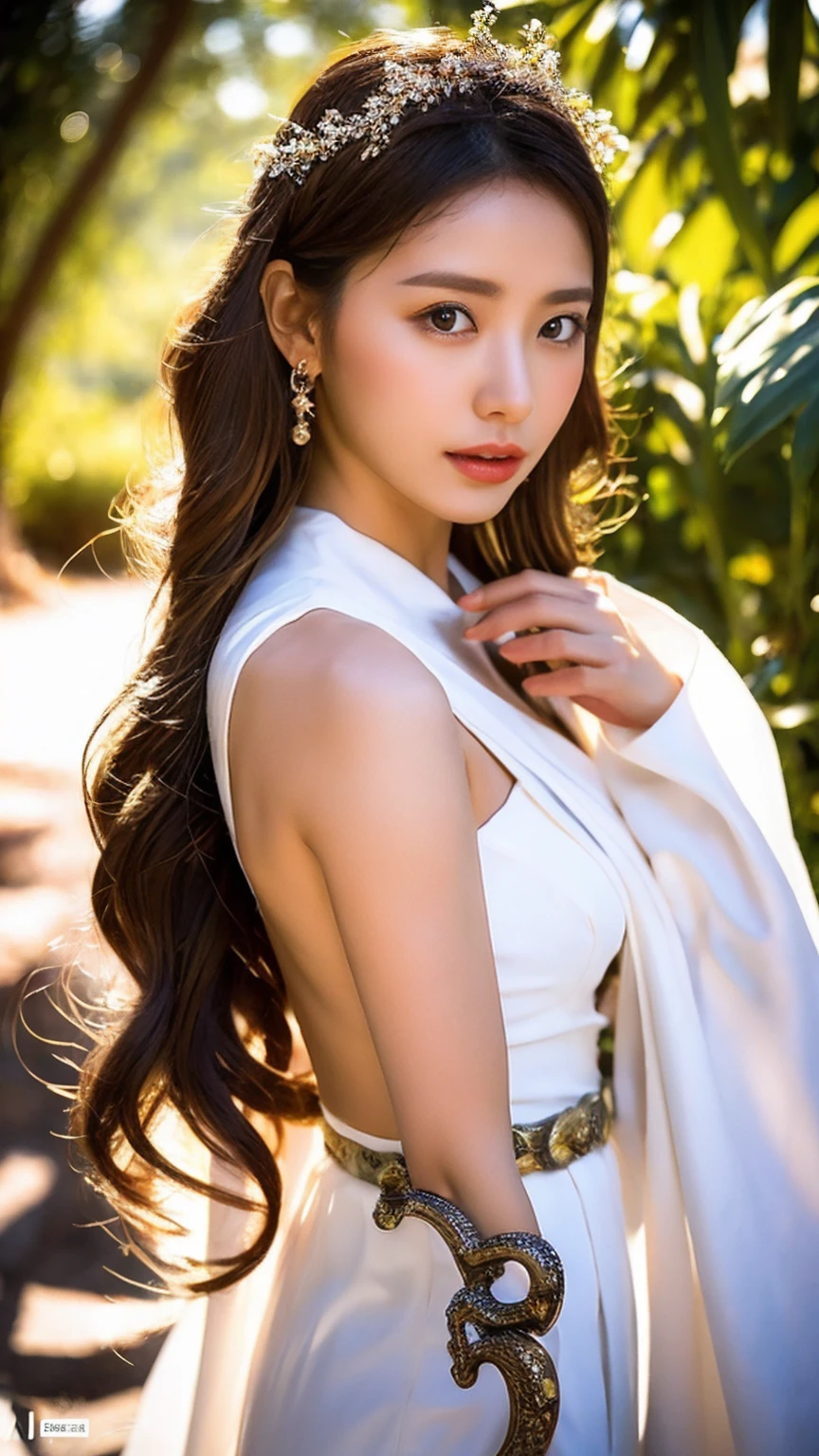 Beautiful Medusa woman in a white toga, She has snakes in her hair ,Top quality masterpiece, Realistic photos, Exquisitely crafted, 8k, High resolution, Shallow depth of field, Wide Light, High Contrast, Backlight, Flares of light, chromatic aberration, Sharp focus, RAW color photos, Looking into the camera, Mr.々A pose