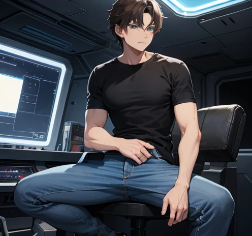 A strong young man with messy brown hair and blue eyes. Wearing jeans and a black t-shirt. On a high tech space ship.