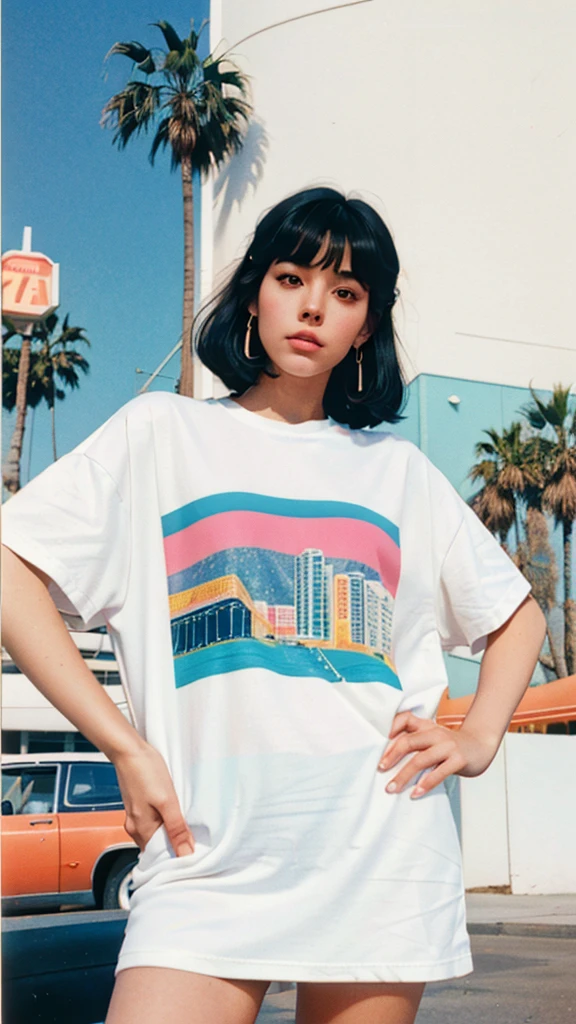 ((medium 8k photography)) ((best 8k quality)) ((masterpiece)), (ultra detailed face), (perfect beautiful face),(perfect nose),(perfect eyes),(perfect lips) ,(perfect hair) 25 yo cute korean, (perfect face), 35mm film,((black bob hairstyles)) (((white blank oversize t-shirt))), (peach color tennis skirt) ,white shock, white Reebok sneakers, polaroid film, retro,90's,80's, photo noise, old photo, retro, masterpiece, raw photo, 8k film photo, old, noisy photo, loooking of the camera, casual photo, grain photo, VHS footage, VHS look, chromatic aberration( low chromatic aberration), film footage, grainy photo, dirty photo, posing, retro photo, vintage photo, old, background standing pose on ((80's architecture colorful motel)) ,palm trees, blue sky, summer, los angles vibes