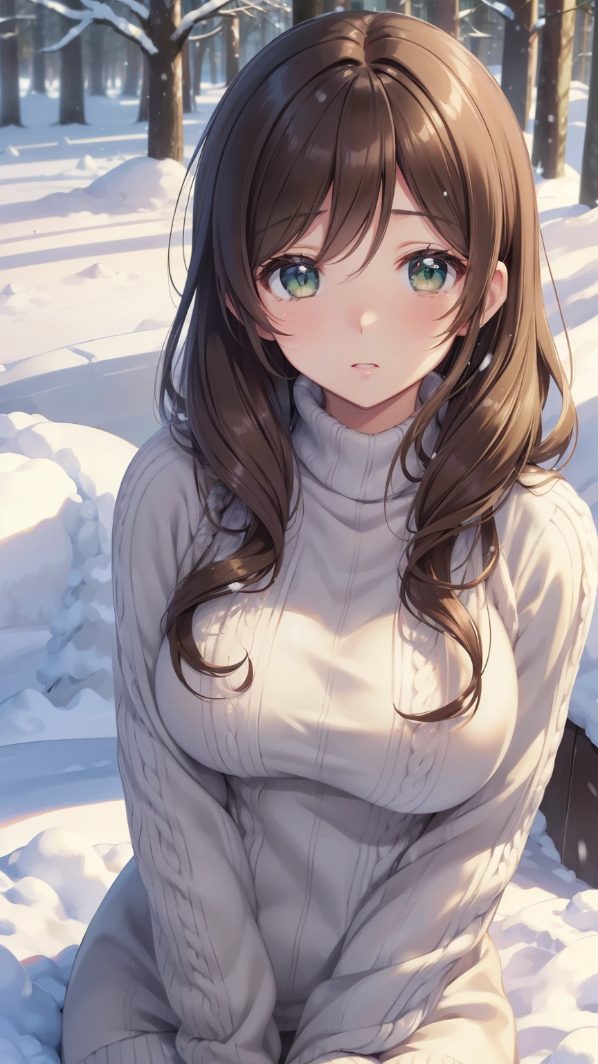 nozomitoujou, nozomi toujou, green eyes, brown hair, curly hair, large breasts, masterpiece, best quality, high resolution, beautiful detailed eyes, extremely detailed face, good lighting, detailed CG, messy hair, glossy lips, worried, snowy forest, knit sweater dress, (buried in snow)