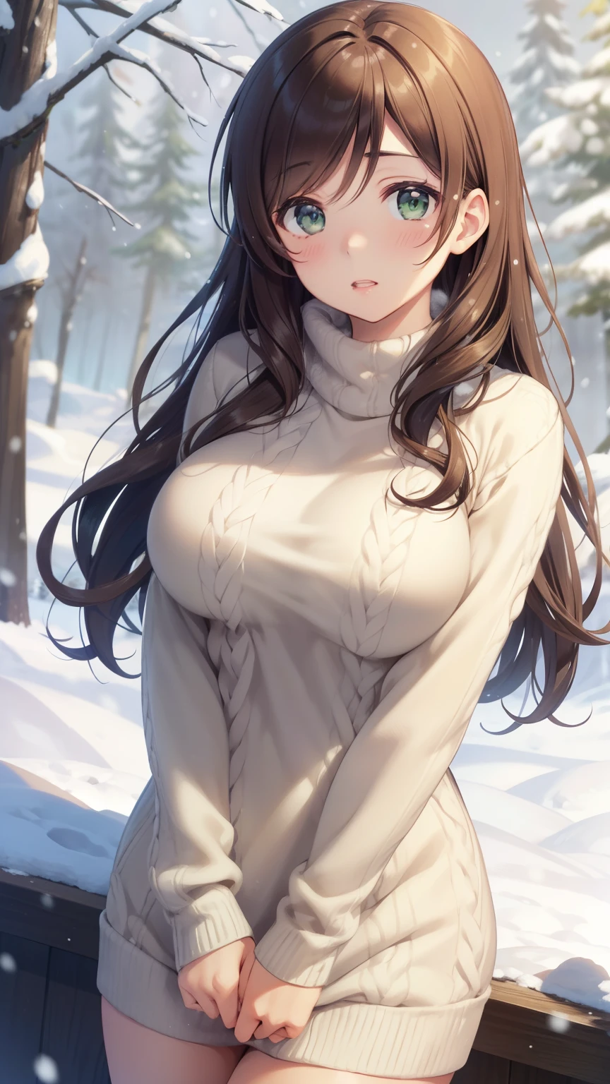 nozomitoujou, nozomi toujou, green eyes, brown hair, curly hair, large breasts, masterpiece, best quality, high resolution, beautiful detailed eyes, extremely detailed face, good lighting, detailed CG, messy hair, glossy lips, worried, snowy forest, knit sweater dress, (buried in snow)