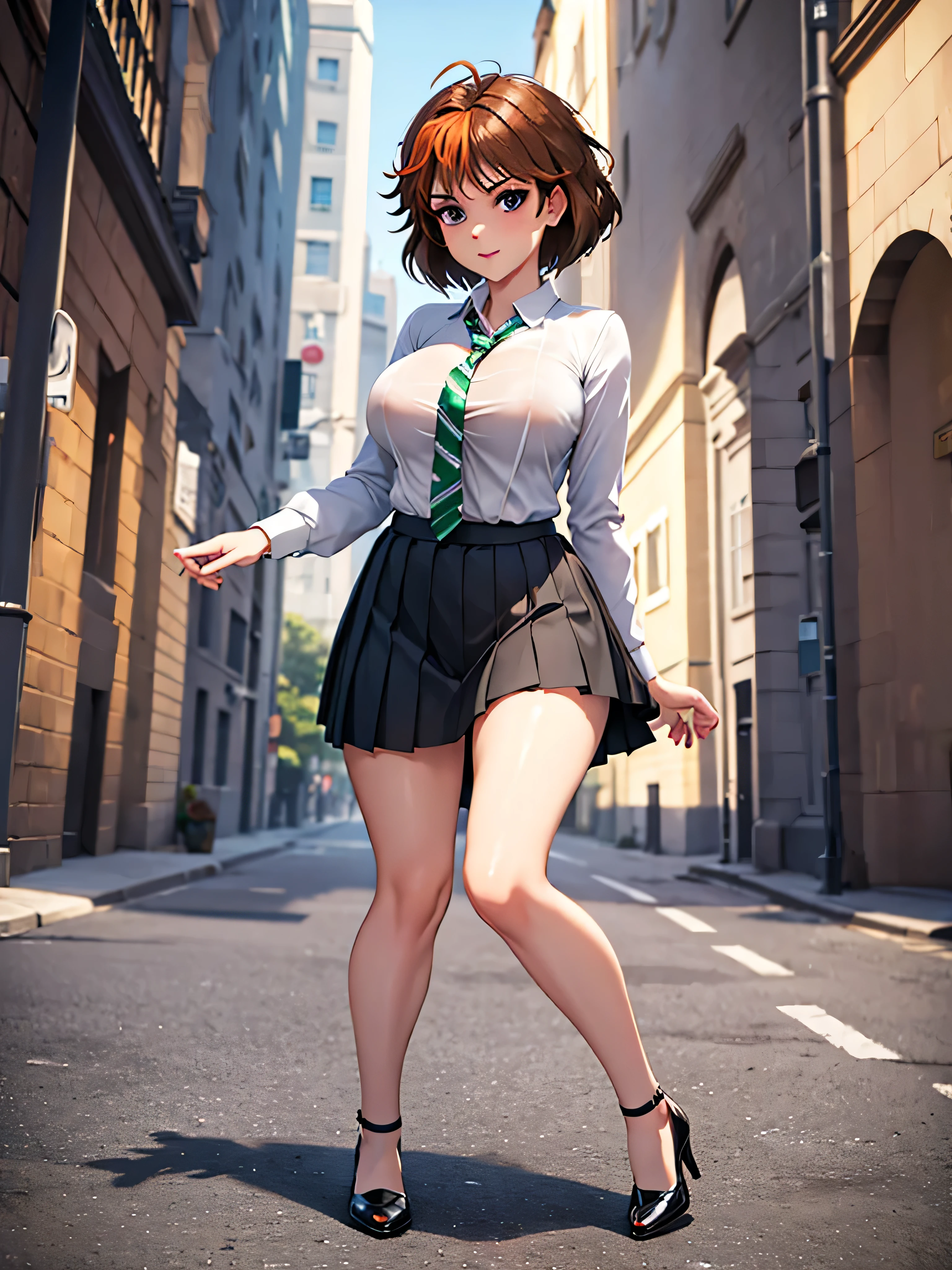 (8k, super detail, accurate, best quality), a dynamic pose, drooping eyes, realistic skin, angle from below, looks like a dance, casual clothes, skirt, detailed drawing panties with stylish and smooth, on the street downtown, trees, buildings,
