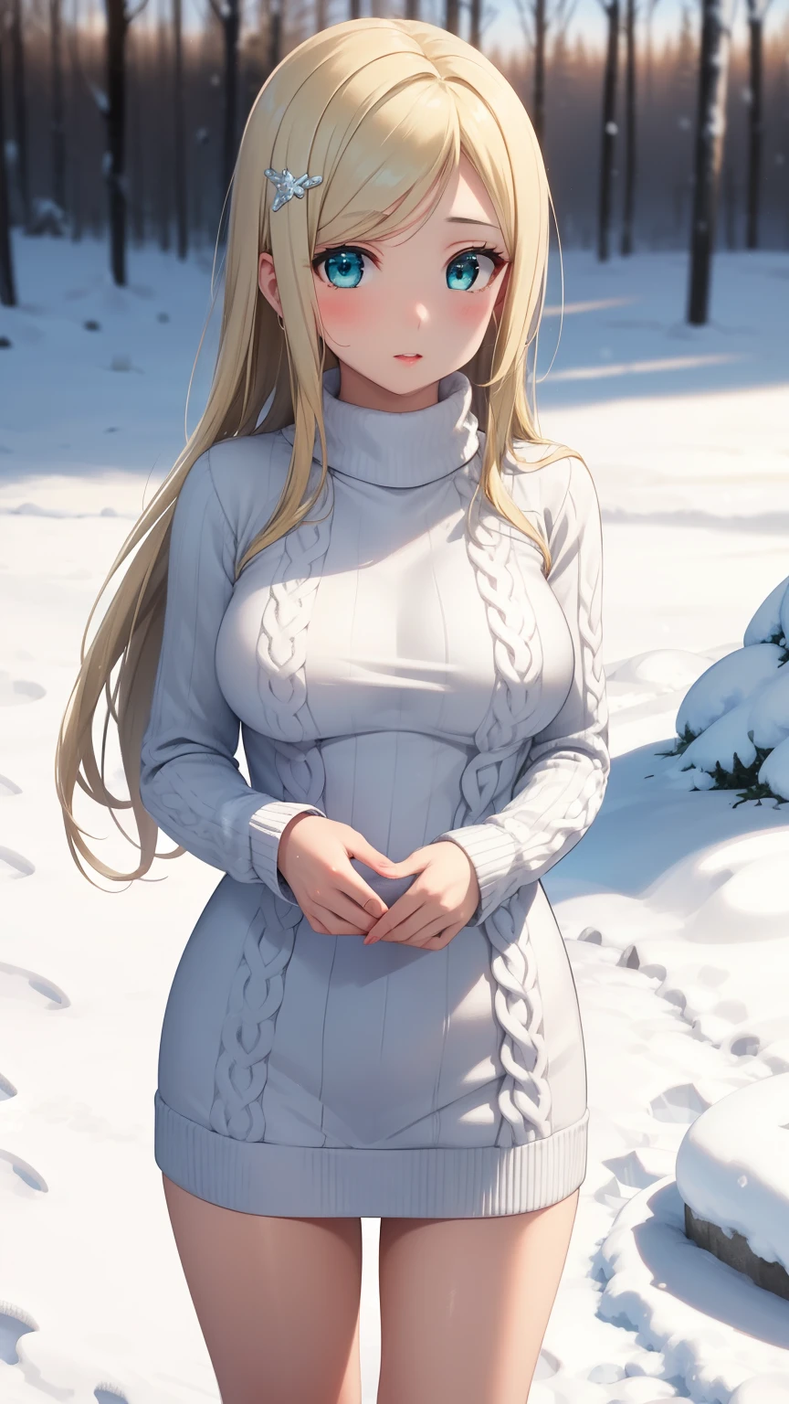 masterpiece, best quality, highly detailed, ultra high res, ayase arisa, 1girl, solo, hair ornament, long blonde hair, glossy lips, medium breasts, aqua eyes, snowy forest, knit sweater dress, (buried in snow)