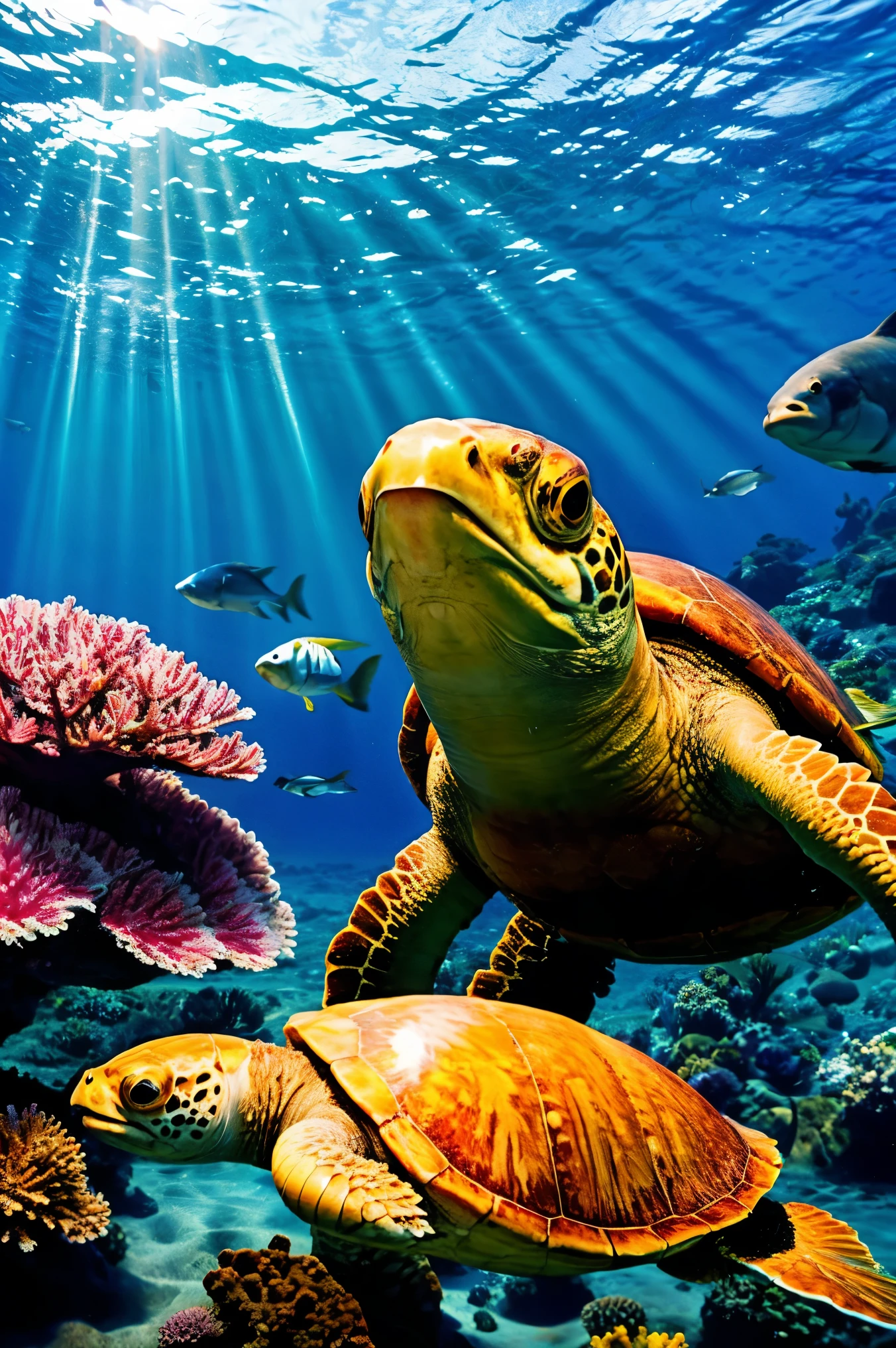 masterpiece,illustration,best quality,extremely detailed CG unity 8k wallpaper,no humans,coral,underwater,fish,shell,turtle,swimming,jellyfish,scenery,ocean,