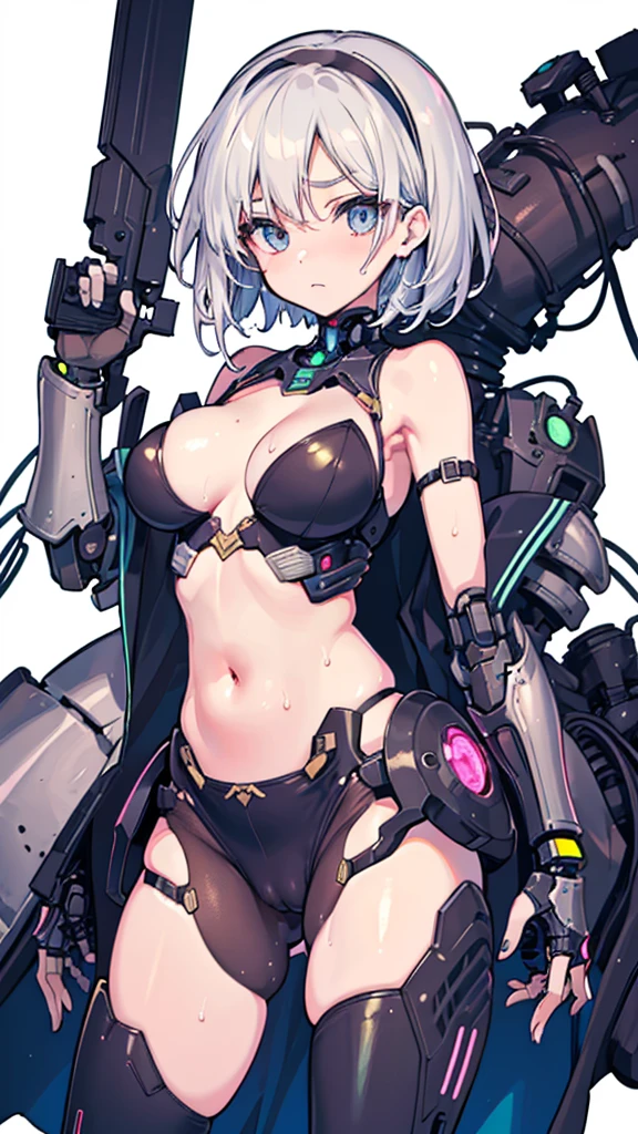 1 girl, high quality, (short hair), forehead, (medium breast), (straps on thighs:1.3), white background, plants, (stocking), (sweaty:1.1), (nipples:0.8), thick thighs, (middle Ages:1.2), (cameltoe:1.1), suit, stomach, (cyborg:1.2), (armor), white hair, hair band