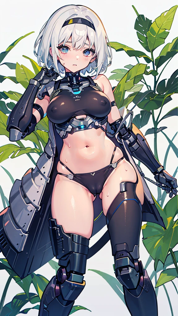 1 girl, high quality, (short hair), forehead, (medium breast), (straps on thighs:1.3), white background, plants, (stocking), (sweaty:1.1), (nipples:0.8), thick thighs, (middle Ages:1.2), (cameltoe:1.1), suit, stomach, (cyborg:1.2), (armor), white hair, hair band