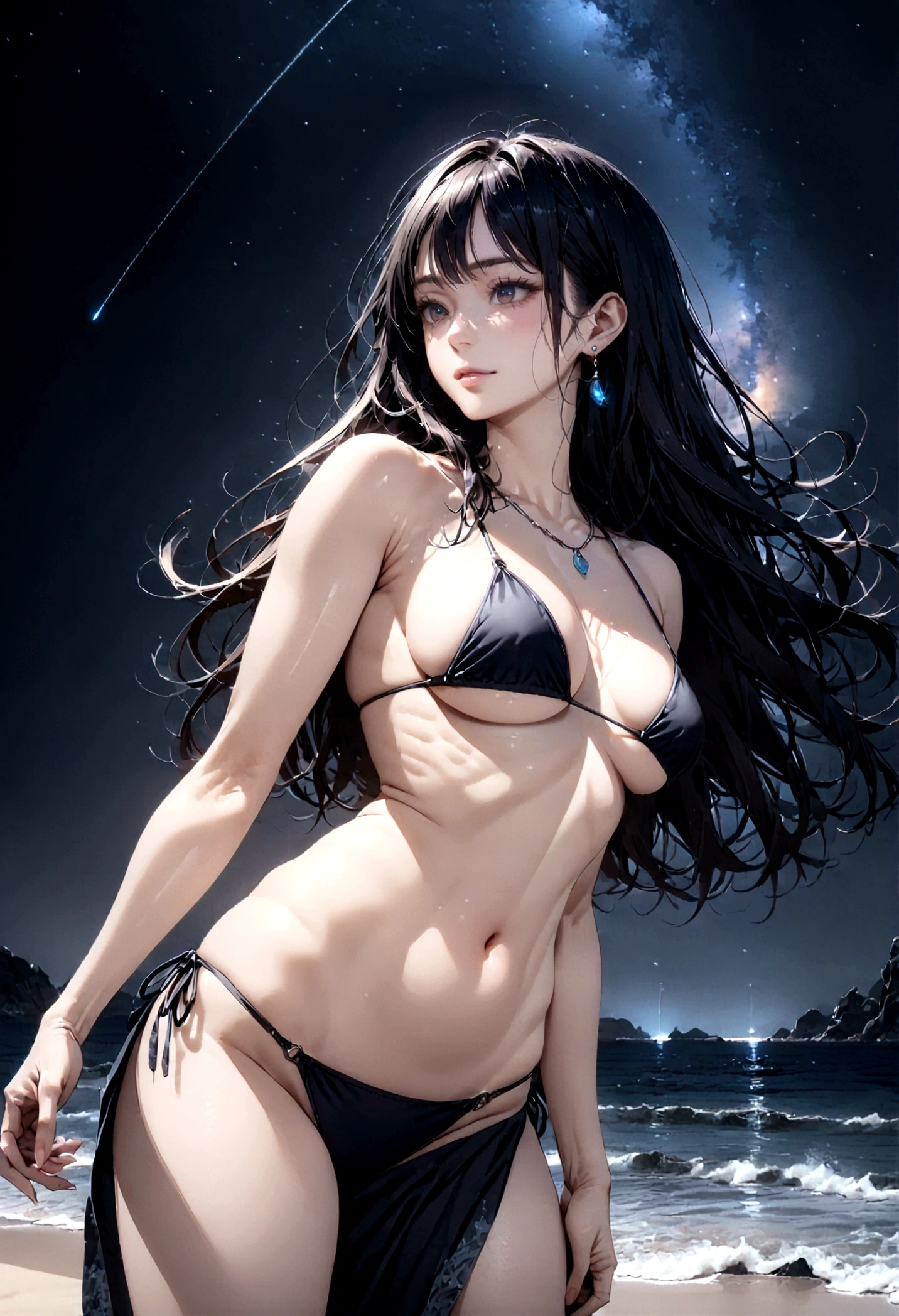 8k, masterpiece, RAW Photos, highest quality, Realistic, Very detailed, Depth of written boundary, Cinematic Light, Anatomically correct body,
One beautiful 40 year old woman, Very beautiful face, Exquisitely detailed face, (A calm and gentle face:1.4), Very delicate skin texture, Transparent muscle, Shiny white skin, Glamorous Body,
(Wavy black long hair:1.2), Sexy Breasts, Sexy ass,
(Brazilian Bikini:1.2), (Detailed cloth texture:1.2), (Gorgeous necklace:1.1), (Gorgeous earrings:1.1),
(Dark starry background:1.4), (Milky Way:1.1), (milky way:1.1), (shooting star:1.1), (Dark coastline at night:1.4), (Pitch black sea surface:1.4),
(Standing on the beach:1.2),
(Low angle shot:1.3),