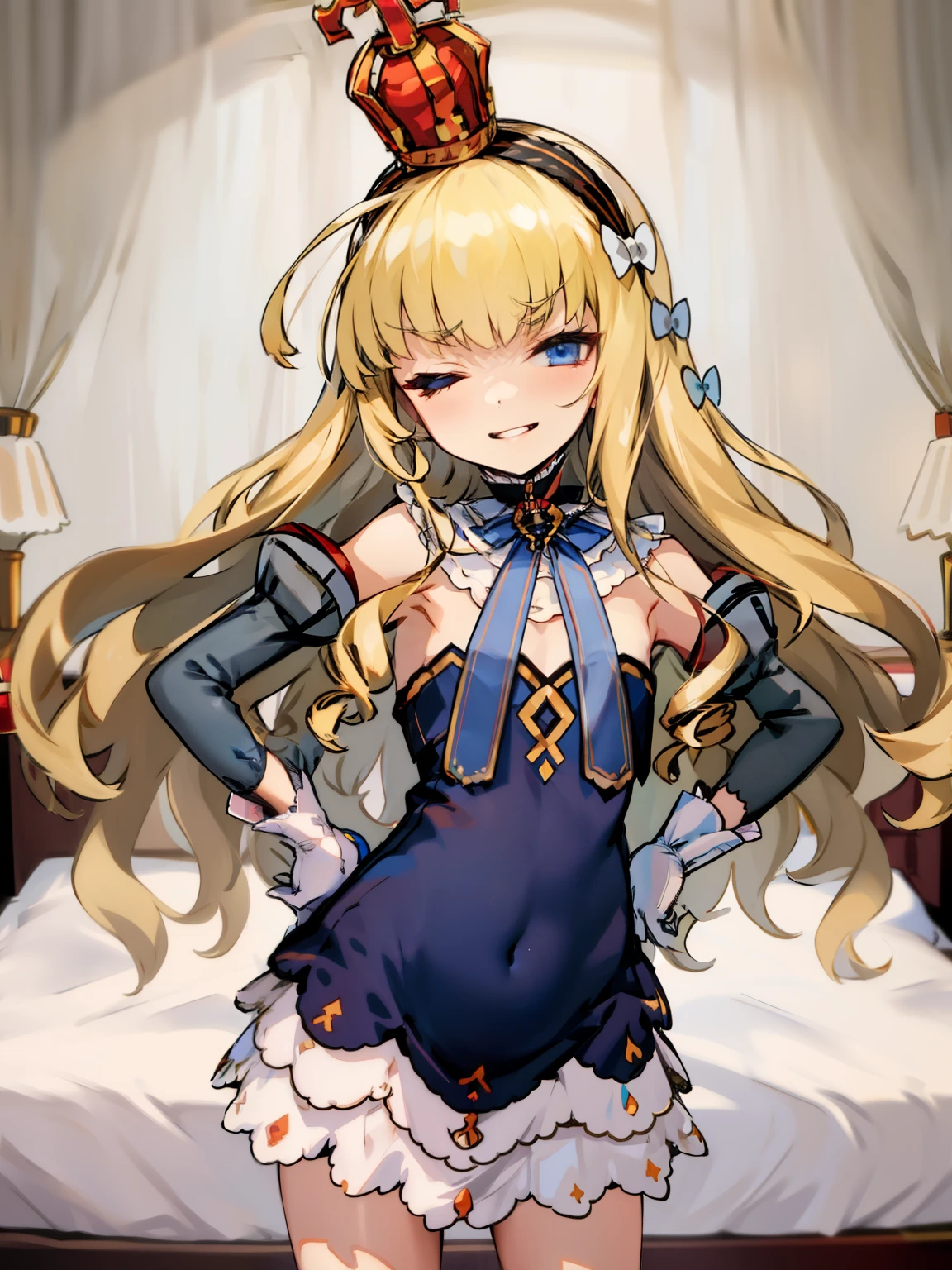 eqlc, 1girl, long hair, solo, strapless dress, blonde hair, crown, blue eyes, half-closed eyes, hairband, looking at viewer, white gloves, small breasts, flat chest, covered navel, bow, black hairband, detached sleeves, bangs, mini crown, detached collar, evil face,  smirk, parted lips, hands on hips, in the bedroom, standing,  Sexy waist teasing 