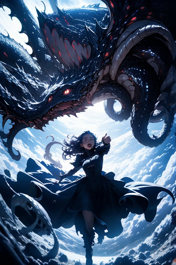 Emilia Clarke as a beautiful witch in a daytime sky filled with clouds, fighting tentacles monster, epic cinematic shot, wide angle camera lens