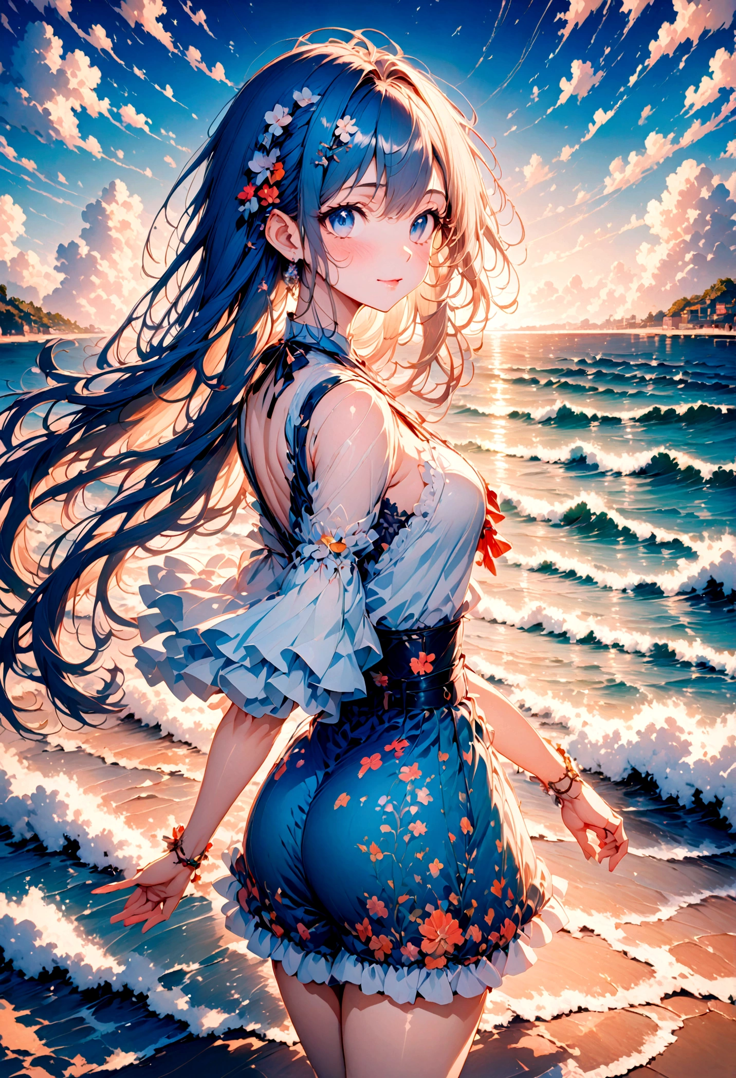 Create an AI-generated design in the style of anime, featuring a beautiful ocean background. The scene should be illustrated with the vibrant, detailed artistry typical of anime, showcasing the deep blue sea with gentle waves, shimmering under the sunlight. Add elements such as a serene beach, distant islands, or a sunset casting a warm glow over the water. The overall design should be captivating and picturesque, capturing the essence of anime with the tranquility and beauty of the ocean as the central theme.