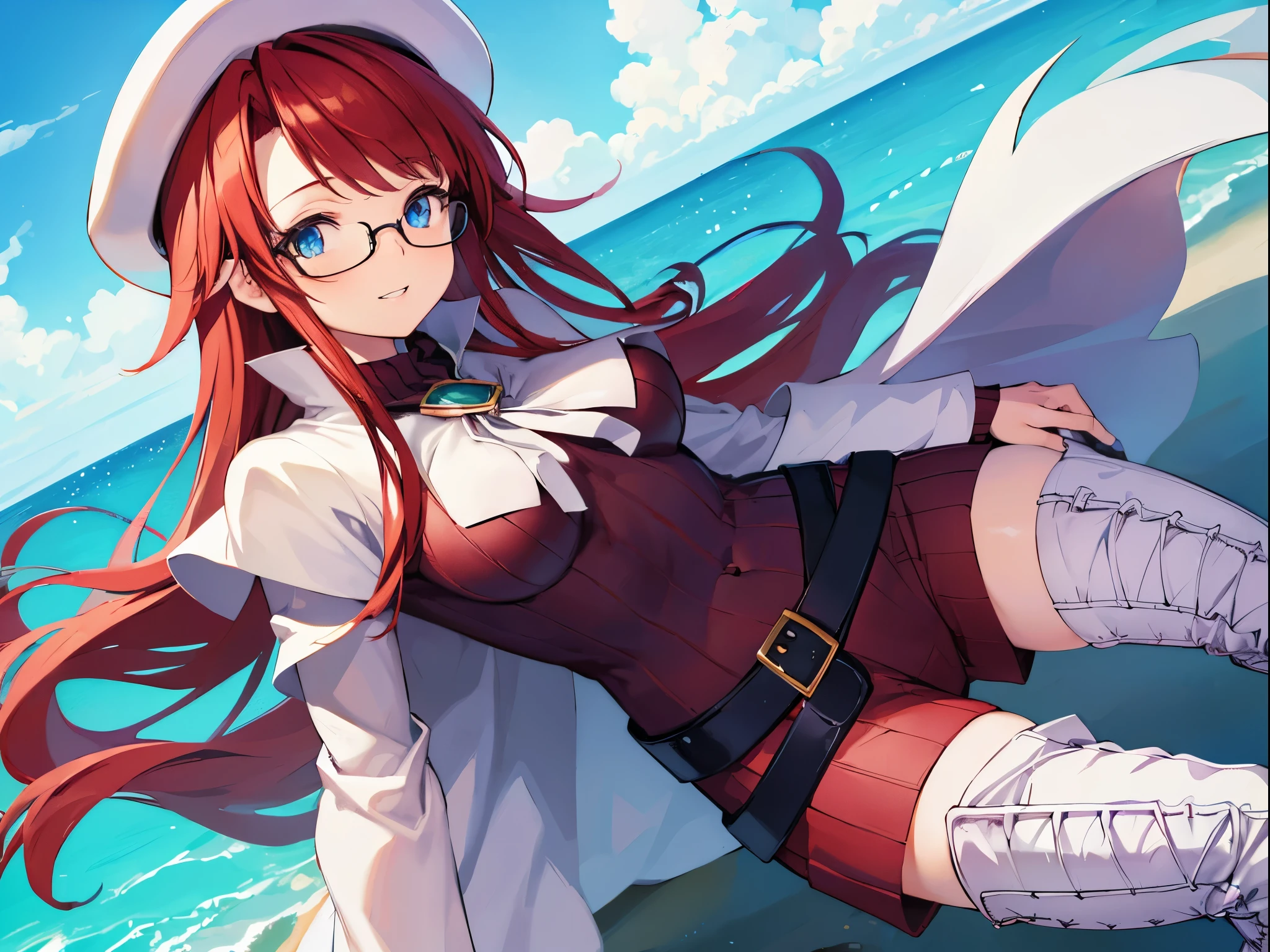 summonnightaty, aty, (young:1.3),long hair, blue eyes, red hair, big_tits, hat, glasses,
BREAK long hair, thighhighs, hat, dress, naked_legs, glasses, belt, cape, sweater, zettai ryouiki, beret, thigh boots, white footwear, ribbed sweater, loose belt,solo,
BREAK outdoors, fantasy,on_beach,
,Highquality_hads,perfect_fingers,
BREAK (masterpiece:1.2), best quality, high resolution, unity 8k wallpaper, (illustration:0.8), (beautiful detailed eyes:1.6), extremely detailed face, perfect lighting, extremely detailed CG, (perfect hands, perfect anatomy),covered_nipples,covered_navel ,half_eyes,long_sword,sleepy,red_sweater,apart_knees,magical_effect,spread_legs, have_a_book,teacher,rise_knee,Smile,rise_hand,look_down_viewer,spread_arms,sea​_waves,looking_into,blue_sky,plump,open_mouth, dynamic_posing,solo