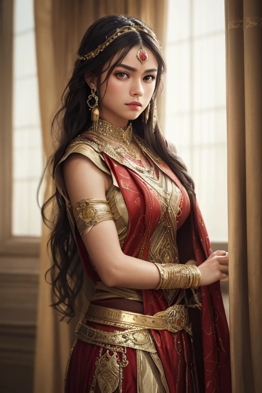 (Masterpiece), best quality, highest quality, highly detailed CG unity 8k wallpaper, original, high resolution, (depth of field: 1.5), fidelity: 1.3, warrior portrait style, 1 girl,warrior woman,  ceremonial dress, curtains, jewelry, solo, earrings,