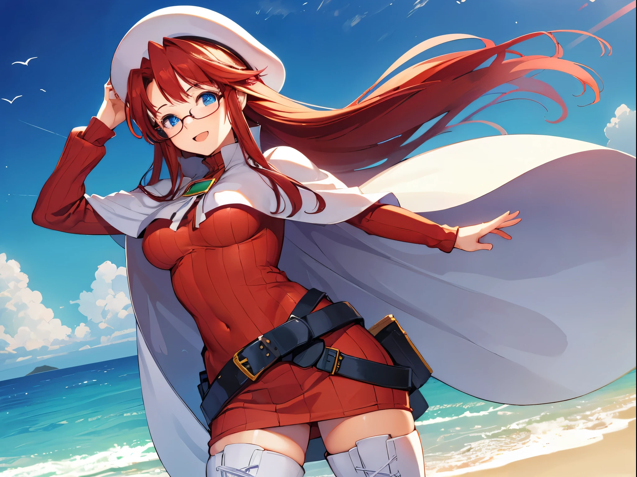 summonnightaty, aty, (young:1.3),long hair, blue eyes, red hair, big_tits, hat, glasses,
BREAK long hair, thighhighs, hat, dress, naked_legs, glasses, belt, cape, sweater, zettai ryouiki, beret, thigh boots, white footwear, ribbed sweater, loose belt,solo,
BREAK outdoors, fantasy,on_beach,
,Highquality_hads,perfect_fingers,
BREAK (masterpiece:1.2), best quality, high resolution, unity 8k wallpaper, (illustration:0.8), (beautiful detailed eyes:1.6), extremely detailed face, perfect lighting, extremely detailed CG, (perfect hands, perfect anatomy),covered_nipples,covered_navel ,half_eyes,long_sword,sleepy,red_sweater,apart_knees,magical_effect,spread_legs, have_a_book,teacher,rise_knee,Smile,rise_hand,look_down_viewer,spread_arms,sea​_waves,looking_into,blue_sky,plump,open_mouth, dynamic_posing,solo