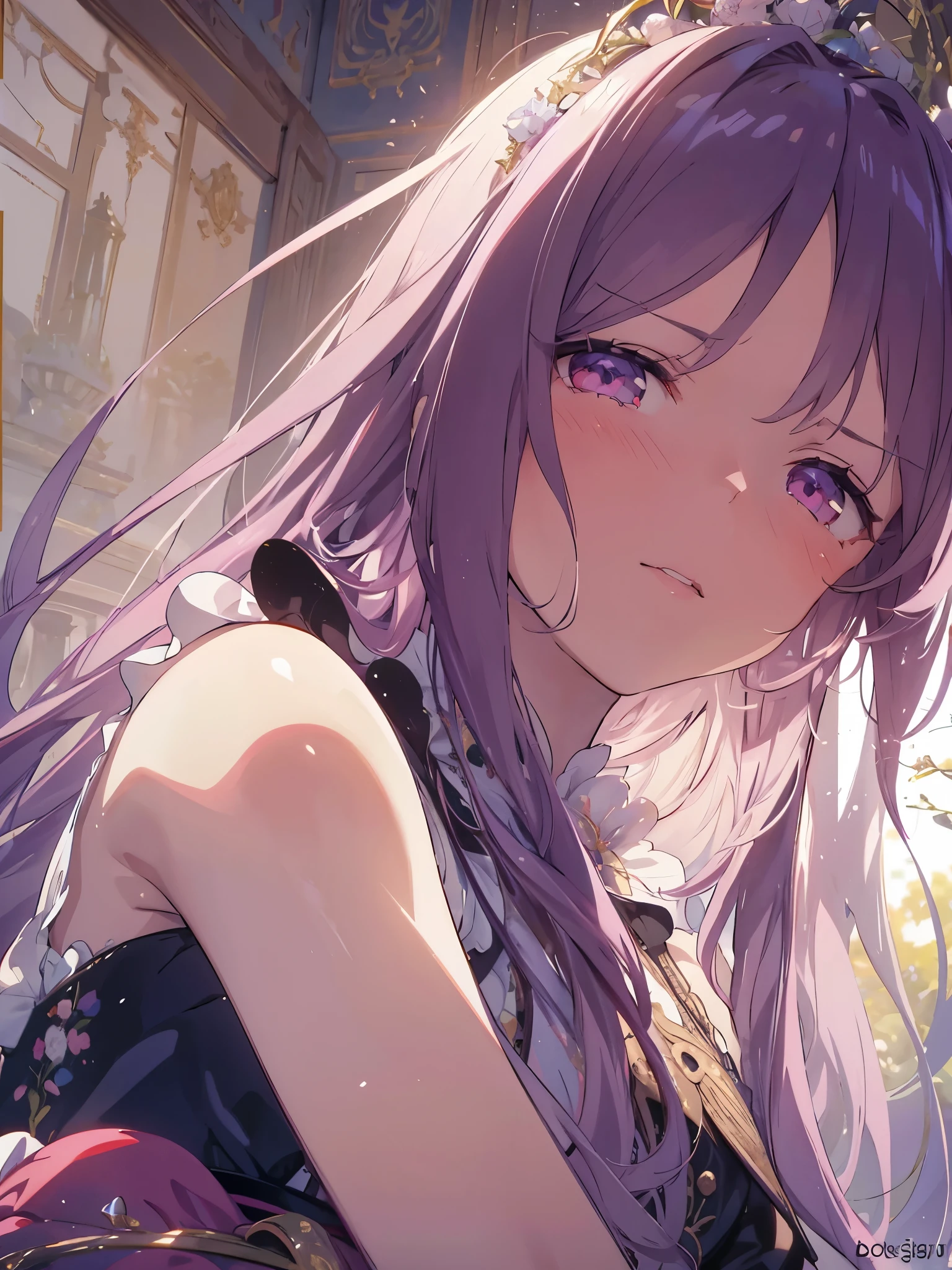 1 girl, Beautiful and detailed, Purple long hair, Pale red eyes, Princess Dress, Glowing Skin, solve, (Anime Style:1.6)High contrast girl, Sitting, Side Shot, (null:1.3), (masterpiece, highest quality, perspective, Depth of written border:1.5), Flowers, Rocky Mountain, forest, Beautiful Face, Thighs, From below, 8K, Raw photo, Confused, Impressionism, (Tom Thomson, Claude Monet, Joaquin Sorolla, James Wilson Morris, John Fabian Carlson, Hugh Henry Breckenridge:0.8), HDR, Realistic, Film Grain, chromatic aberration, 高solve, Very detailed, finely, Dynamic Lighting, Dramatic lighting, Shadow, Sharp focus, Highly detailed eyes and face, Sharp pupils, Realistic student