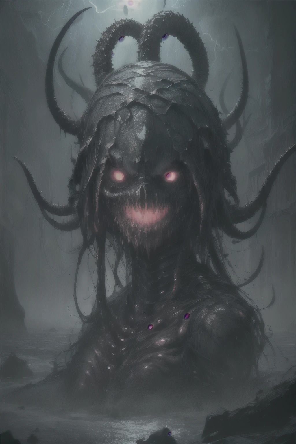 a terrifying and eldritch Cthulhu, massive tentacles, glowing eyes, nightmarish creature, cosmic horror, dark and gloomy atmosphere, sinister vibes, otherworldly, surreal landscape, deep ocean, monstrous deity, twisted and distorted, chthonic power, visceral and unsettling, (best quality,4k,8k,highres,masterpiece:1.2),ultra-detailed,(realistic,photorealistic,photo-realistic:1.37),dark fantasy,digital art