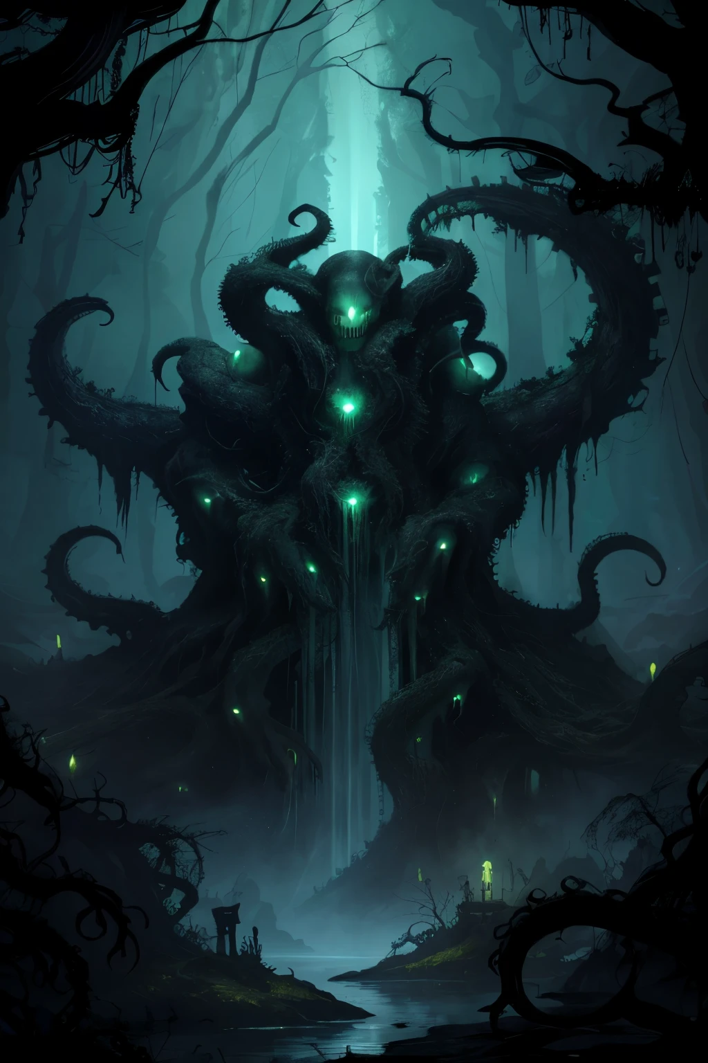 Archaic Lovecraftian entity, Cthulhu, emerges from the murky abyss, adorned with a skull-like visage and sinewy octopus tendrils. The swampy depths, grimy with moss and vines, churn violently as the creature rises, casting a haunting silhouette against the backdrop of fireflies, their ethereal glow illuminating the midnight moonlight, creating an otherworldly and chilling atmosphere. (masterpiece:1.2) (illustration:1.2) (best quality) (detailed) (intricate) (8K) (HDR) (wallpaper)