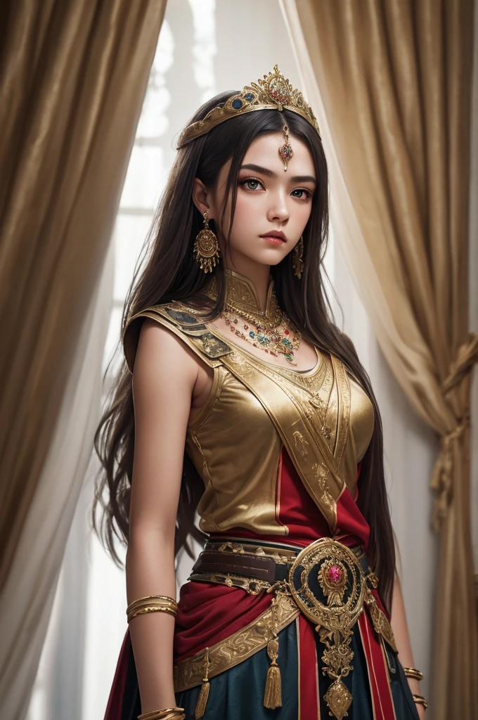 (Masterpiece), best quality, highest quality, highly detailed CG unity 8k wallpaper, original, high resolution, (depth of field: 1.5), fidelity: 1.3, warrior portrait style, 1 girl,warrior woman,  ceremonial dress, curtains, jewelry, solo, earrings,