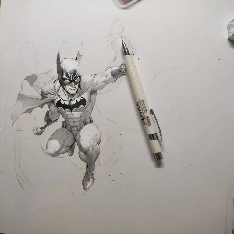 Close-up of a jumping Batman, pencile and ink, Inspired by Jim Lee, Comic Book Drawing, Inspired by Alex Ross, drawing 4k, 细致的pencil drawing, 4K drawing, manga painting, Loose pencil sketch, Marvel Comics, Inspired by Neil Adams, Comic Shade, high quality sketch, High-quality sketch,pencil drawing,Marvel's Batman