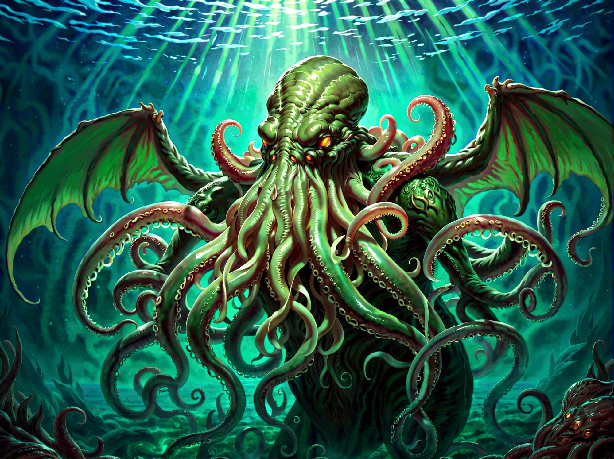 (cthulhu:1.5),dark fantasy,horror,occult,mysterious,eldritch,creature,deep sea,tentacles,glowing eyes,dark colors,dramatic lighting,cinematic composition,detailed anatomy,masterpiece,best quality,8k,photorealistic,highly detailed