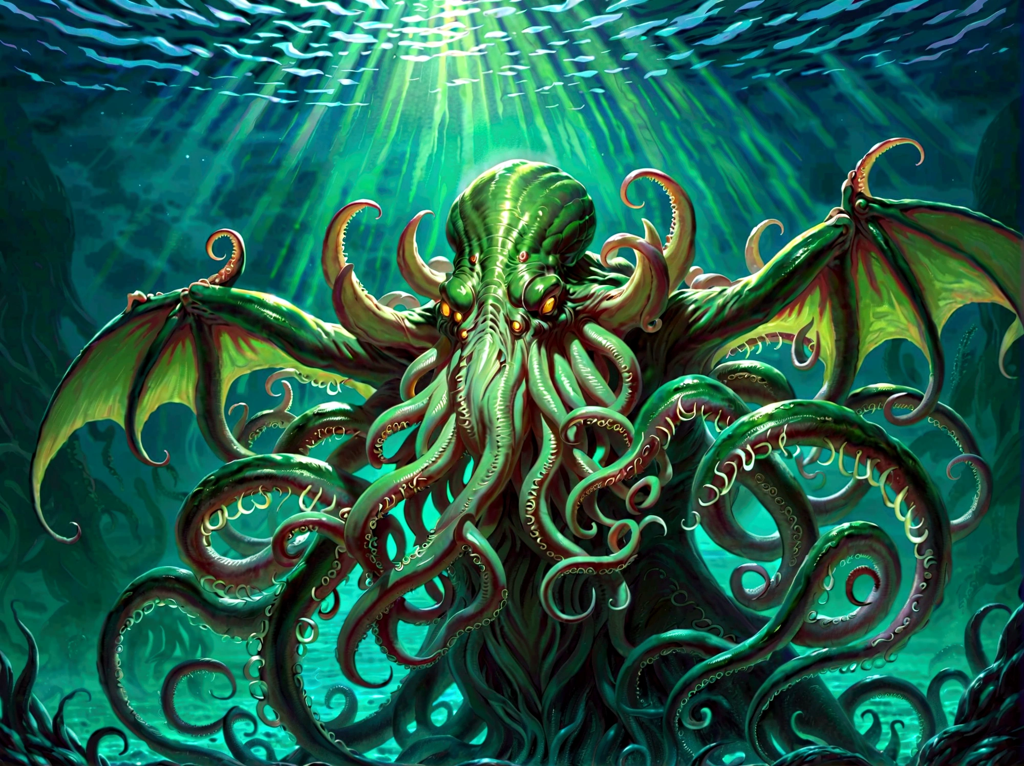 (cthulhu:1.5),dark fantasy,horror,occult,mysterious,eldritch,creature,deep sea,tentacles,glowing eyes,dark colors,dramatic lighting,cinematic composition,detailed anatomy,masterpiece,best quality,8k,photorealistic,highly detailed