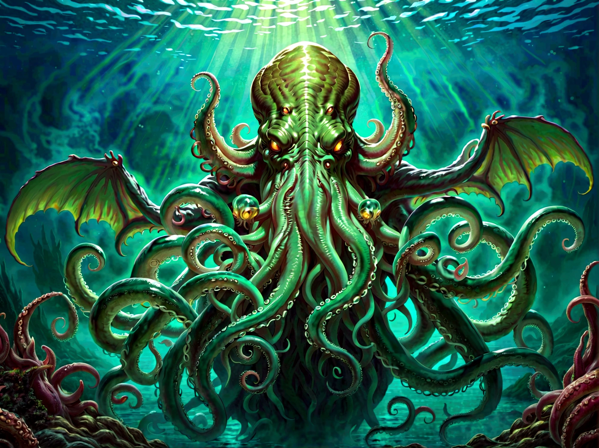 (cthulhu:1.5),dark fantasy,horror,occult,mysterious,eldritch,creature,deep sea,tentacles,glowing eyes,dark colors,dramatic lighting,cinematic composition,detailed anatomy,masterpiece,best quality,8k,photorealistic,highly detailed