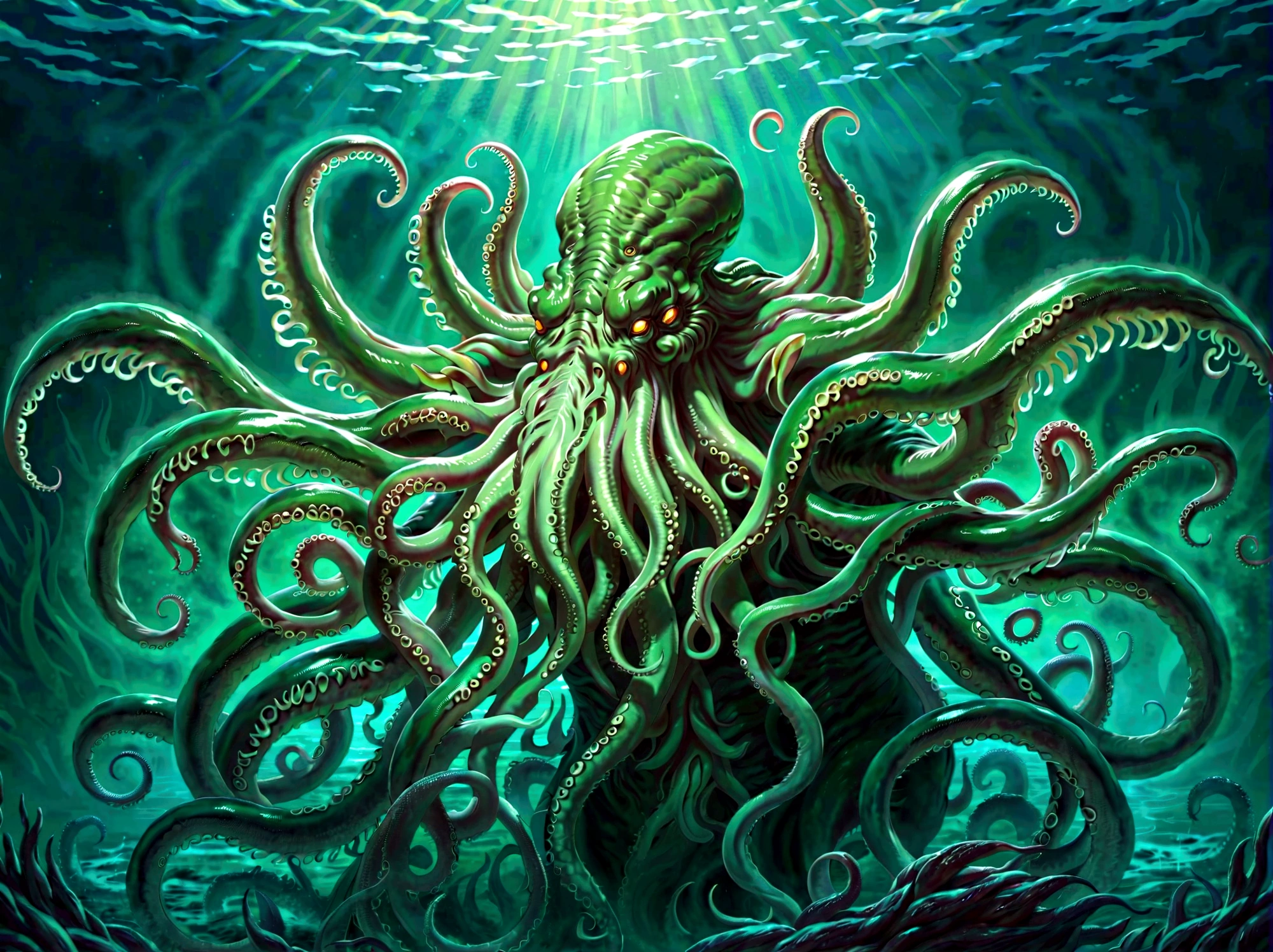 (cthulhu:1.5),dark fantasy,horror,occult,mysterious,eldritch,creature,deep sea,tentacles,glowing eyes,dark colors,dramatic lighting,cinematic composition,detailed anatomy,masterpiece,best quality,8k,photorealistic,highly detailed