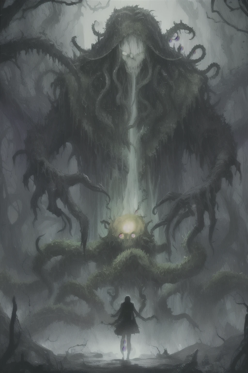 Archaic Lovecraftian entity, Cthulhu, emerges from the murky abyss, adorned with a skull-like visage and sinewy octopus tendrils. The swampy depths, grimy with moss and vines, churn violently as the creature rises, casting a haunting silhouette against the backdrop of fireflies, their ethereal glow illuminating the midnight moonlight, creating an otherworldly and chilling atmosphere. (masterpiece:1.2) (illustration:1.2) (best quality) (detailed) (intricate) (8K) (HDR) (wallpaper)