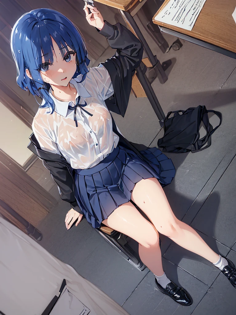 Ryo Yamada,The original, (Sit at a classroom desk:1.4),(Very clear,HD,detailed:1.3),Bright Light,Looking at the audience,(illustration: 1.1),beautiful, (正在Undress:1.5),(best quality), (masterpiece: 1.1),(Undress:1.2), Slender legs,(White lining, Dark blue pleated skirt),(Black stockings:1.3),Black leather shoes,Short navy blue hair, Golden eyes,(Beautiful clear background: 1.25), (非常detailed CG Unity 8k 壁纸: 1.1), 1 girl, Right side bangs,Left side air bangs, Stunningly innocent symmetrical face, shirt, sentiment,(Pure face_V1:0.7),(wet clothing:1.3),(visible nipples),(no underwears:1.1)