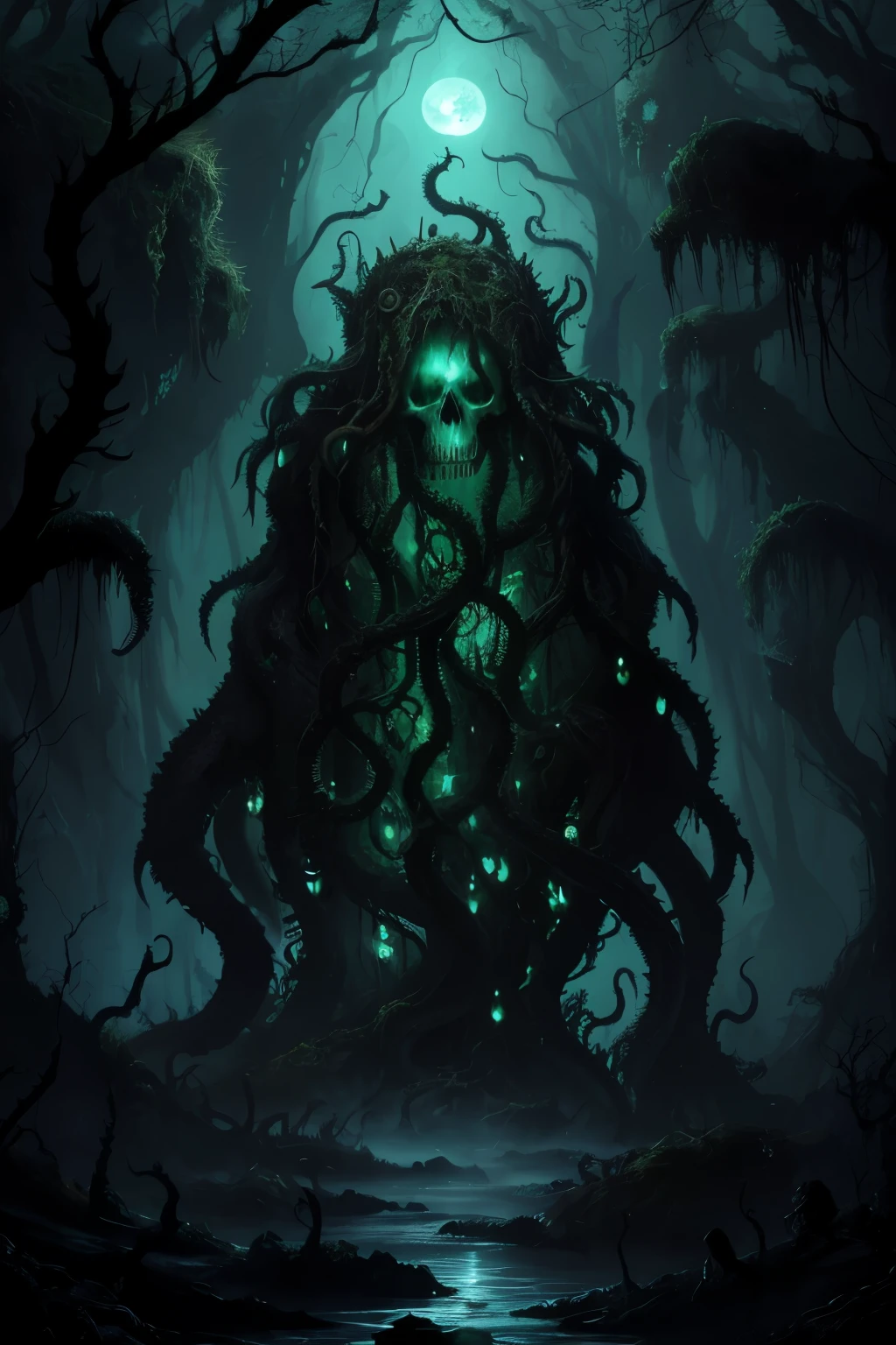 dark swamp eldritch monster (skull face:1.2) rising out of the water moss slime vines (octopus tentacles:1.2) churning water fireflies midnight moonlight backlight (masterpiece:1.2) (illustration:1.2) (best quality) (detailed) (intricate) (8k) (HDR) (wallpaper) (cinematic lighting) (sharp focus)