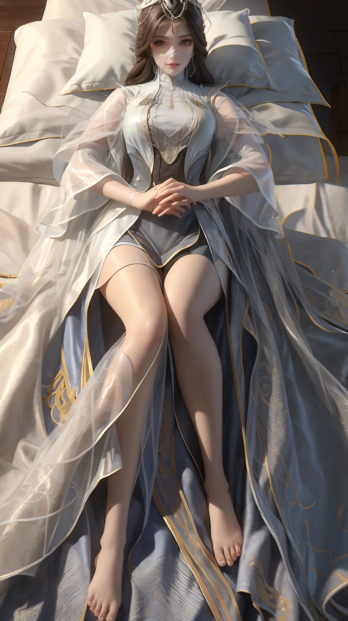 1girl, beautiful detailed eyes, beautiful detailed lips, extremely detailed eyes and face, long eyelashes, white long dress, multilayered dress, laying on a large bed, full body shot, full body capture, barefoot, legs slightly raised, hands placed on the bed above