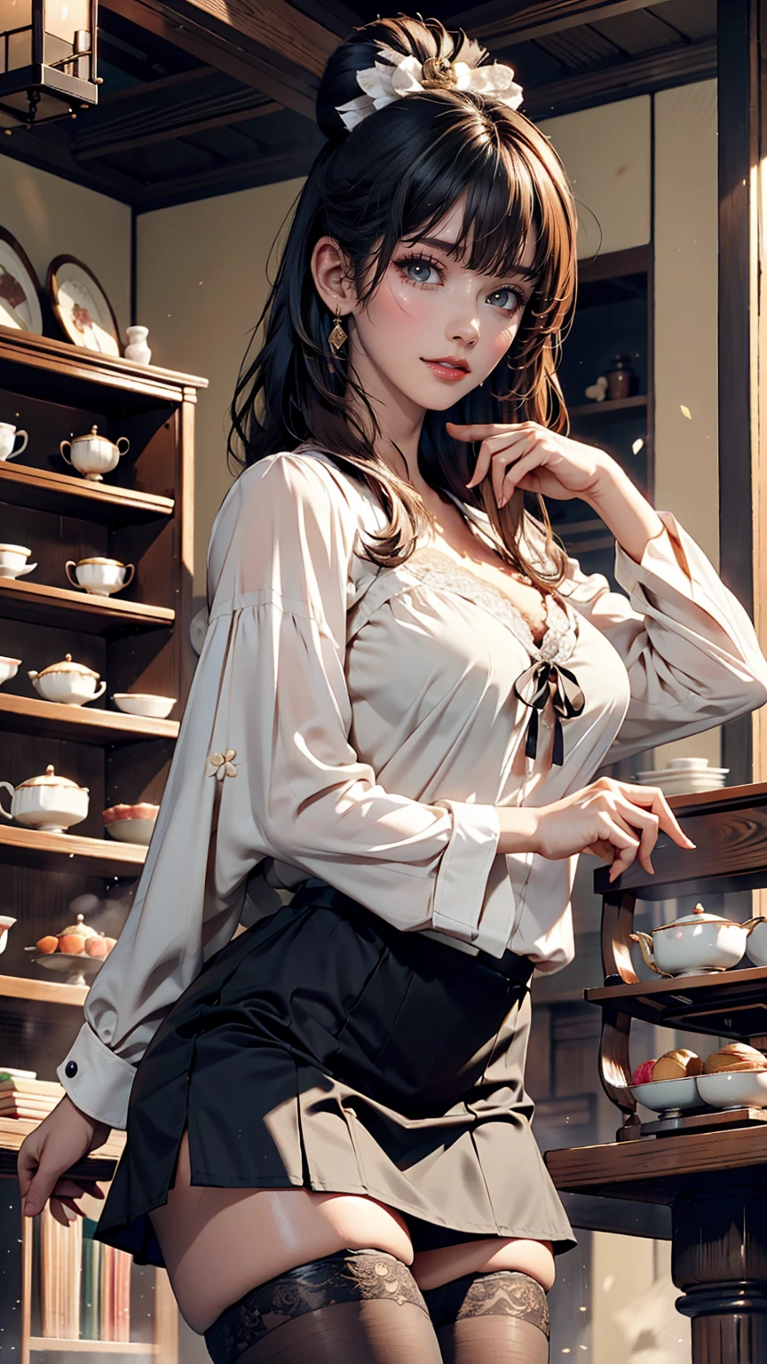 24 year old Japanese woman、Beautiful glossy black hair、cute、Sexy proportions、Wear a high-necked blouse decorated with lace、Wear a tight skirt、Wear black stockings、Enjoy tea time at a stylish sweets shop