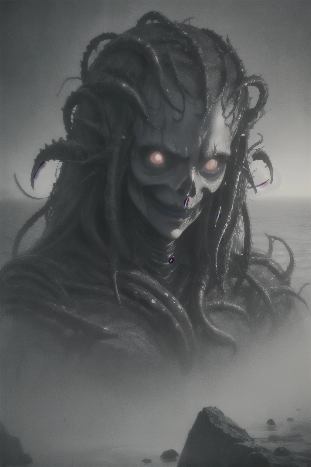a terrifying and eldritch Cthulhu, massive tentacles, glowing eyes, nightmarish creature, cosmic horror, dark and gloomy atmosphere, sinister vibes, otherworldly, surreal landscape, deep ocean, monstrous deity, twisted and distorted, chthonic power, visceral and unsettling, (best quality,4k,8k,highres,masterpiece:1.2),ultra-detailed,(realistic,photorealistic,photo-realistic:1.37),dark fantasy,digital art