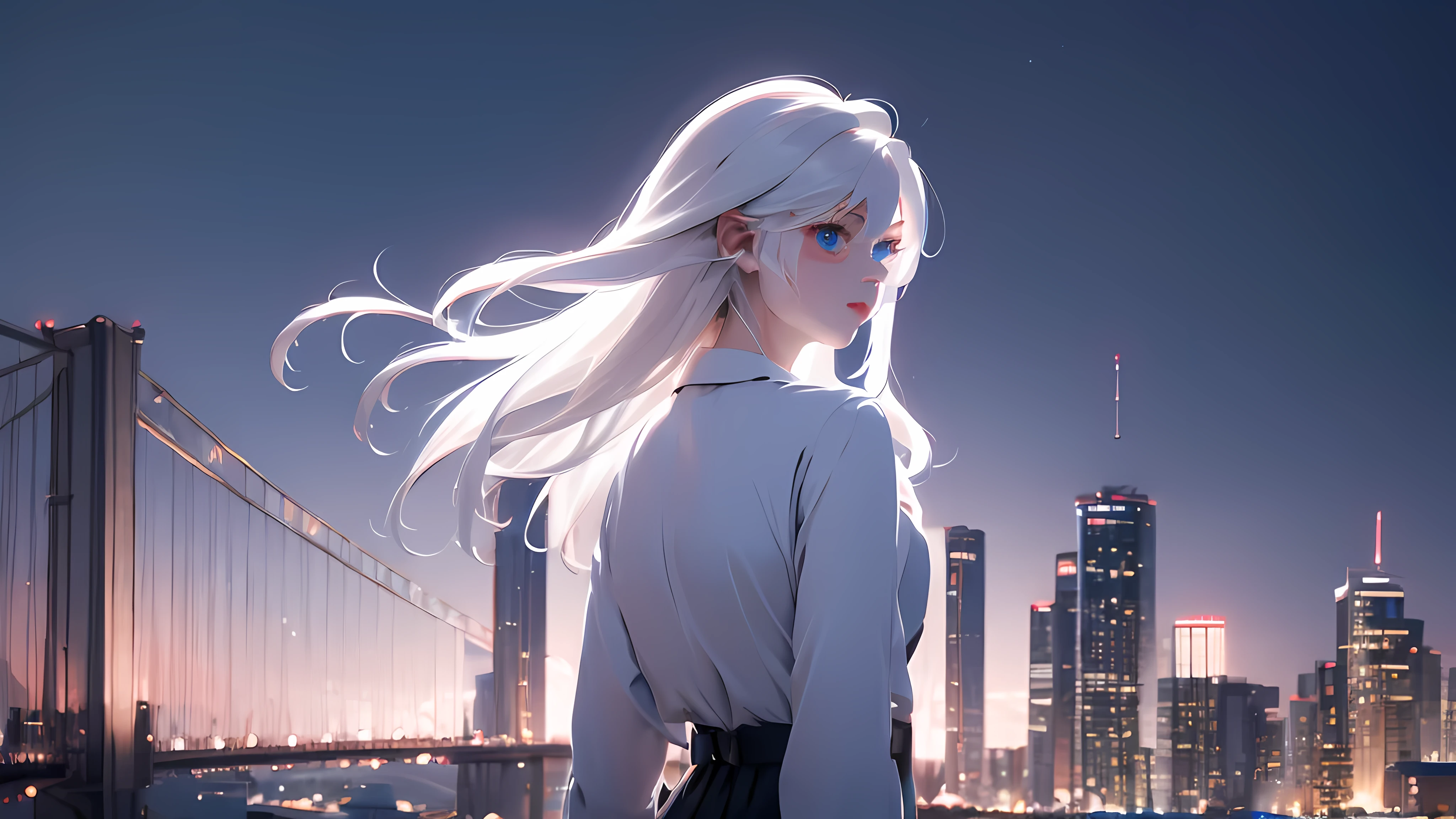 1 girl, medium light white hair, light blue eyes, wearing black suit , night city, absurdres , high res, ultrasharp, 8K, masterpiece, looking from behind