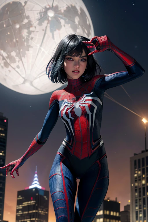 (Obra maestra, 4k-resolution, ultra realista, muy detallada), (White superhero theme, carismatic, hay una chica en la parte superior de la ciudad, vestida con el disfraz de dark magician girl, is a superhero), [ ((20 year), (cabello largo y Rubio: 1.2), cuerpo completo, (ojos azules: 1.2), ((pose de Spider-Man), show of force, saltar de un edificio a otro), ((entorno urbano arenoso): 0.8)| (paisaje urbano, por la noche, dinamic lights), (luna llena))] # Explanation: The Prompt primarily describes an ultra-high-definition 4K painting, muy realista, muy detallada. It shows a superheroine at the top of the city, vestida con un disfraz de dark magician girl. The theme in the painting is a white superhero theme, la protagonista femenina tiene el pelo largo y Rubio, He is 20 years old and his whole body is shown in the painting. In terms of portraying the actions of female superheroes, se emplean magias. Dark magician girl sexy super hero,