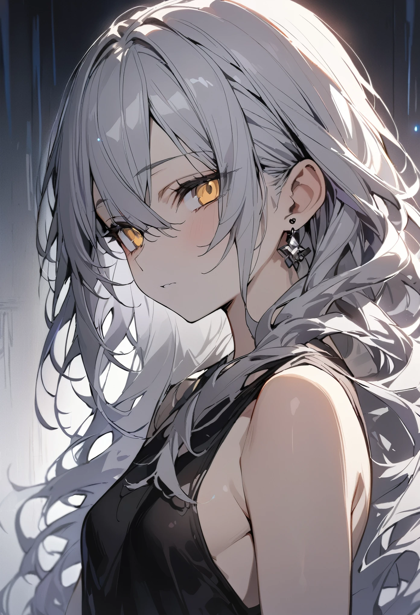 masterpiece, highest quality, silver hair, Yellow Eyes, parted 前hair, ((Teenager 24 years old)), 1girl, Small breasts, half-body, length_Wavy_Messy_hair, Wavy_前hair, Earrings, Simple dark clothing, half_body_Portraiture, alone, 1_girl, alone, half body, Cold Eyes