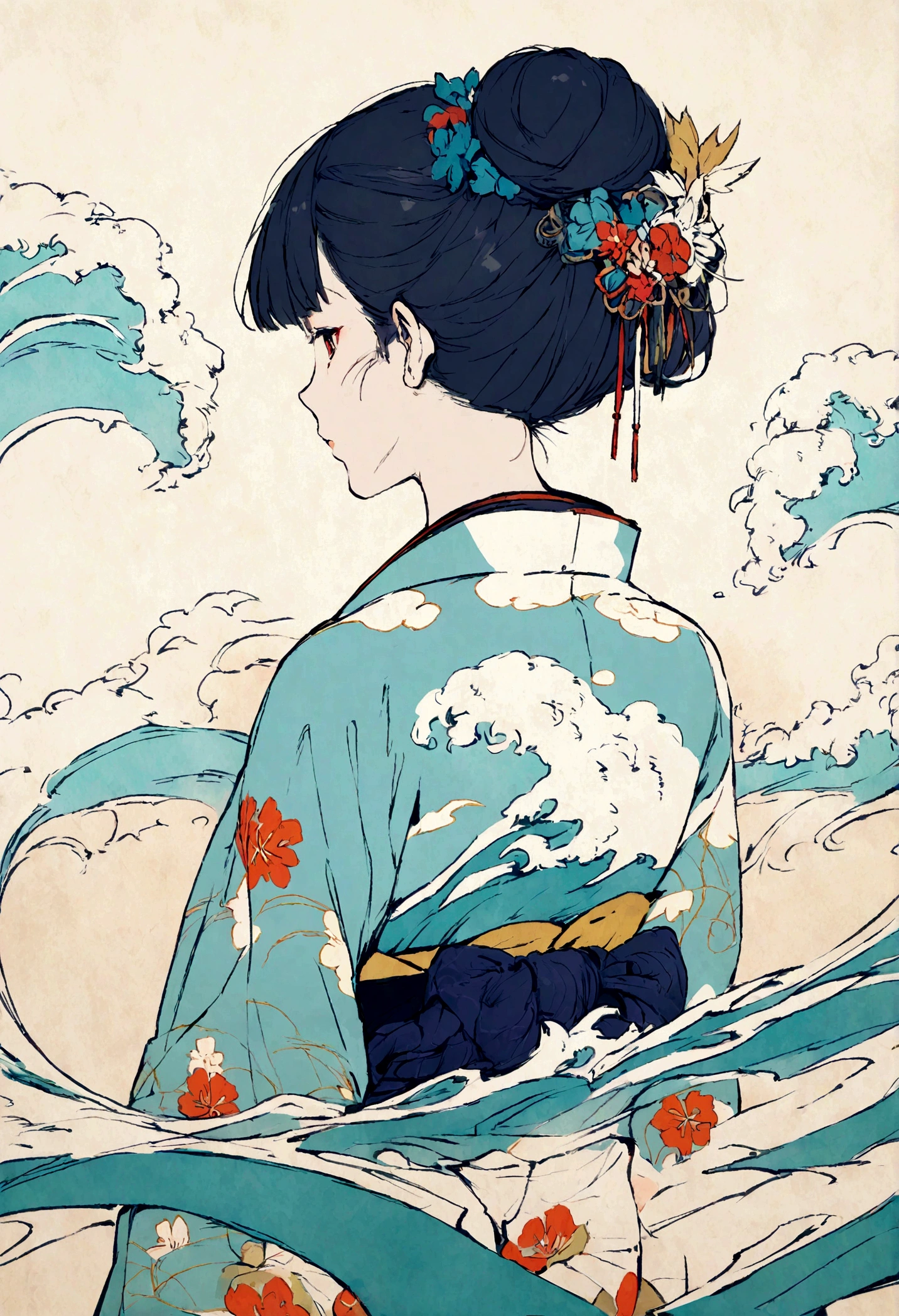 Japanese human illustrator wearing Japanese clothes, back with a sea wave design