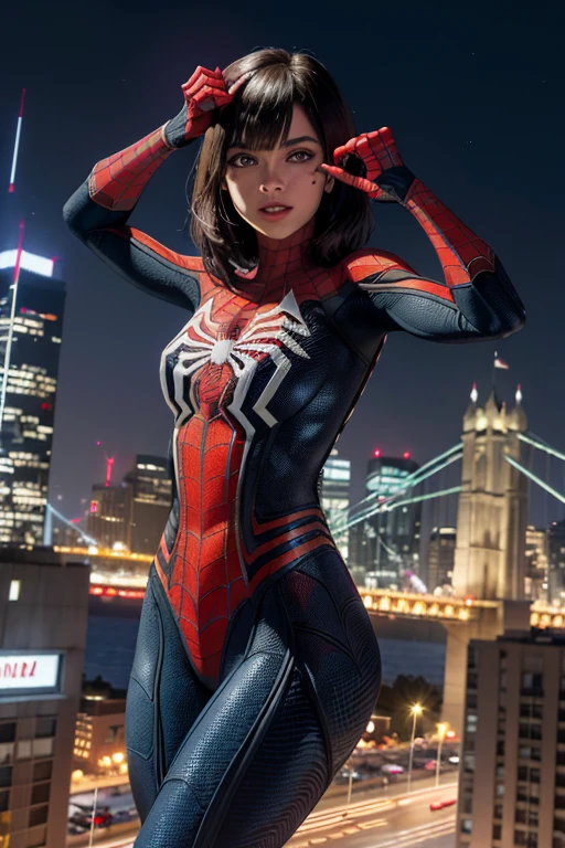 (Obra maestra, 4k-resolution, ultra realista, muy detallada), (White superhero theme, carismatic, hay una chica en la parte superior de la ciudad, vestida con el disfraz de dark magician girl, is a superhero), [ ((20 year), (cabello largo y Rubio: 1.2), cuerpo completo, (ojos azules: 1.2), ((pose de Spider-Man), show of force, saltar de un edificio a otro), ((entorno urbano arenoso): 0.8)| (paisaje urbano, por la noche, dinamic lights), (luna llena))] # Explanation: The Prompt primarily describes an ultra-high-definition 4K painting, muy realista, muy detallada. It shows a superheroine at the top of the city, vestida con un disfraz de dark magician girl. The theme in the painting is a white superhero theme, la protagonista femenina tiene el pelo largo y Rubio, He is 20 years old and his whole body is shown in the painting. In terms of portraying the actions of female superheroes, se emplean magias. Dark magician girl sexy super hero,
