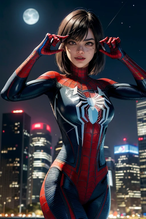 (Obra maestra, 4k-resolution, ultra realista, muy detallada), (White superhero theme, carismatic, hay una chica en la parte superior de la ciudad, vestida con el disfraz de dark magician girl, is a superhero), [ ((20 year), (cabello largo y Rubio: 1.2), cuerpo completo, (ojos azules: 1.2), ((pose de Spider-Man), show of force, saltar de un edificio a otro), ((entorno urbano arenoso): 0.8)| (paisaje urbano, por la noche, dinamic lights), (luna llena))] # Explanation: The Prompt primarily describes an ultra-high-definition 4K painting, muy realista, muy detallada. It shows a superheroine at the top of the city, vestida con un disfraz de dark magician girl. The theme in the painting is a white superhero theme, la protagonista femenina tiene el pelo largo y Rubio, He is 20 years old and his whole body is shown in the painting. In terms of portraying the actions of female superheroes, se emplean magias. Dark magician girl sexy super hero,