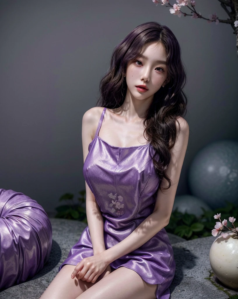 absurdres, RAW photo, extremely delicate and beautiful, masterpiece, Best Quality, ultra high resolution, 32k, hyperrealistic, ultra-detailed, perfect anatomy, perfect figure, Perfect skin, super Detailed skin, muted coral blush, Closed mouth, 20 years old, very Slim body, narrow waist, very small head, very small face, delicate facial features, tearful mole, earring, thin legs, bare legs, (((very huge round breasts))), short medium hair, brown braid hair, ((wavy hair)), (1girl:1.6), (Anatomically correct), (Plump nipples), day light, ((cherry blossom garden)), ((hot purple dress:1.3)), ((tightly short dress)), ((laced dress)),