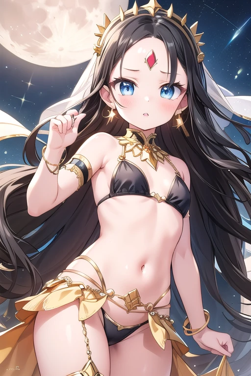 One Girl, A girl is posing for a photo, pretty girl, Enchanting girl, Beautiful Anime Girls, (((A young, short ))),
((Black Hair, Bangs that expose the forehead:1.4, Very long, wavy hair at the back:1.4), (blue eyes)),
(A black bikini with gold embellishments + Black elbow gloves with gold embellishments + Knee-high stockings with a shiny finish and gold trim:1.4 + Black Face Veil, Black High Heels), (She is wearing layers of Arabian dancer clothing.:1.4, flashy gold headpiece:1.4),
((Gold Bracelet, Gold Earrings, fancy gold necklace)),
BREAK Sensual,((Small breasts)),
BREAK
(Beautiful Hair, Shiny Hair, Shiny Hair)),
(Double eyelids, Long eyelashes),
(Expression of fine eyes, Beautiful and delicate eyes, Sparkling eyes, Eye Reflexes),
(Beautiful Nose,Thin Nose), (Human Ear),
(Glossy Lips, Beautiful Lips, thick lips),
(Symmetrical facial features, Perfect Face), (Beautiful breasts), (Detailed skin, Oily skin, Textured skin, Glowing Beautiful Skin),
BREAK
(((Embarrassed)),
BREAK
((Fantasy World:1.4, night + I can see the stars and the moon + desert:1.4, She is dancing seductively, facing the viewer.:1.4)), ((Angle from the front, Cowboy Shot:1.4)),
BREAK
((Ultra-high resolution)), (((masterpiece))), (((highest quality))), ((8k)), (Attention to detail), (Beautiful sparkle), (High detail), (Anatomically correct)),
((Realistic)), ((The best CG)), Highly detailed art, CG illustration, ((Line art)),