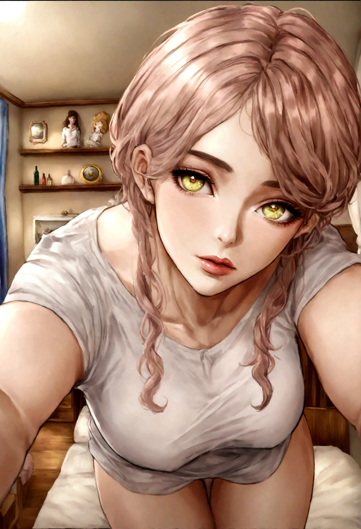 Mujer Arafed con camiseta de tirantes y braguitas a juego, chica sexy con ojos marrones, Retrato de Sophie Mudd, cabello rubio y ojos grandes, Selfie de una mujer joven, Augen en el dormitorio, violeta myers, solo maquillaje, maquillaje natural, looking directly at the camera, Cara con Artgram, maquillaje sutil, impresionante foto de cuerpo completo, en el dormitorio, escote