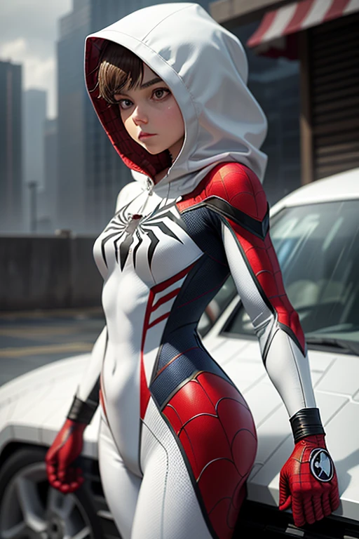 18 year old girl, white Spider-Man suit, Spider-Man hood wrap, rain, roof, masterpiece, exquisite details