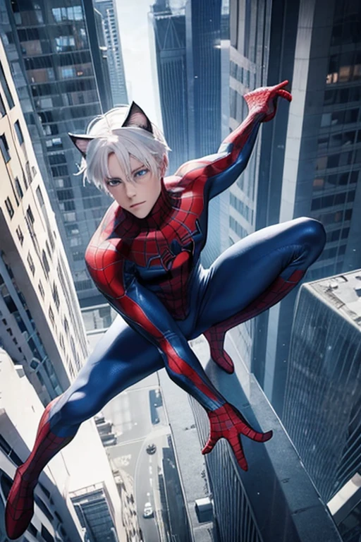 Man, white hair, blue eyes, cat ears, spiderman outfit ,Boy, male