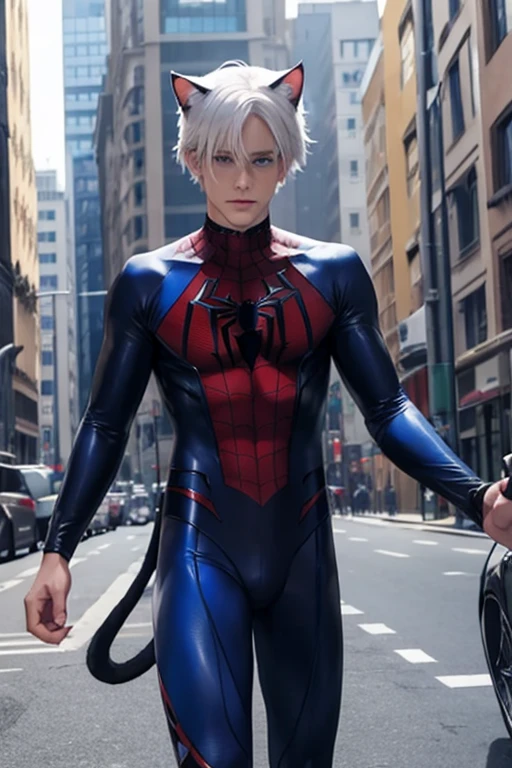 Man, white hair, blue eyes, cat ears, spiderman outfit ,Boy, male 
