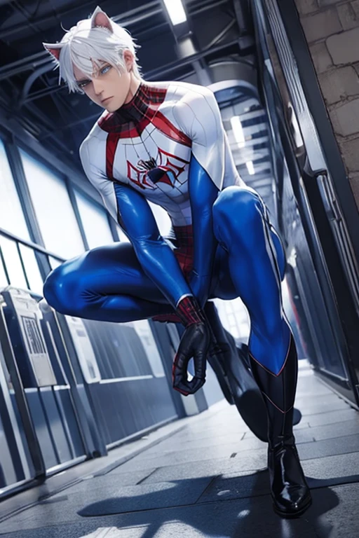 Man, white hair, blue eyes, cat ears, spiderman outfit ,Boy, male 