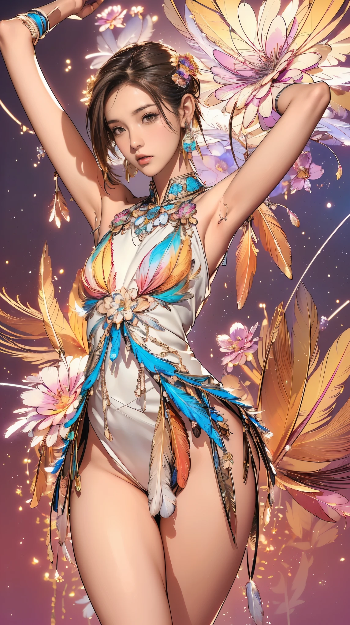 ((masterpiece)),(((highest quality))),((Reference Sheet, Character Design, front, return, ~ ~ side, Mr..々Hairstyle, Mr..々Performance, Facial Expressions)), 14-year-old girl, Cute type, (とてもslim:1.4), (Very small ass:1.4), Realistic buttocks, Medium milk,ショートカットでサイドウェーブのBrown Hair,Thin thighs, Long legs, It's not a big deal, ((Expose your shoulders, short hair, Brown Hair, colored feather, metal ornaments, colored Flowers, particle, Light, (Fractal Art: 1.1), (colorful: 1.1) (Flowers: 1.3), (Many colors: 1.4), (Earrings: 1.4), (feather: 1.4),((15-year-old girl)), (((slim, Tight waist, Thin thighs, Thin arms, Raise your arms, Please show me your armpits))), ((Browsing Caution:1.0))
