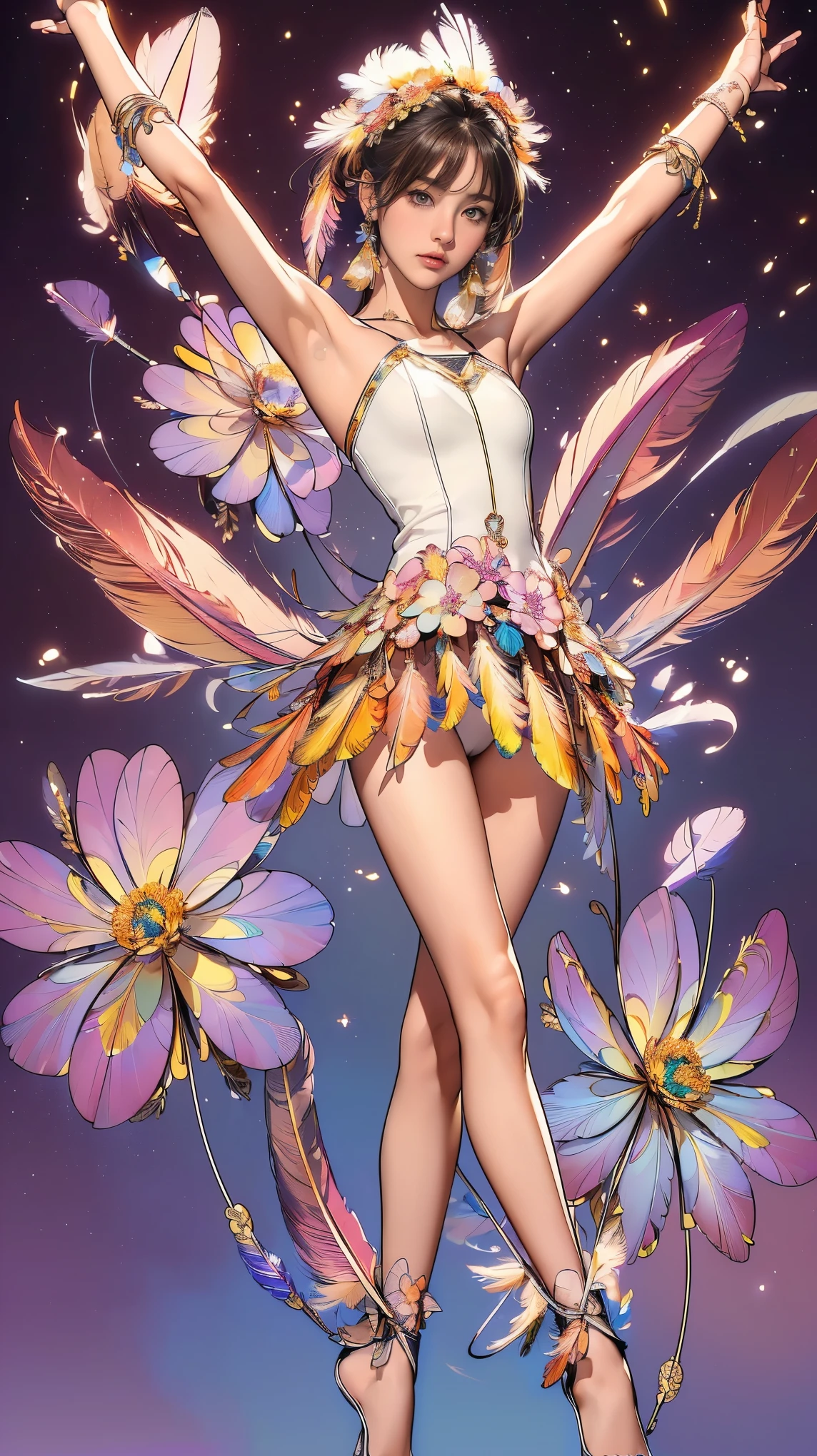 ((masterpiece)),(((highest quality))),((Reference Sheet, Character Design, front, return, ~ ~ side, Mr..々Hairstyle, Mr..々Performance, Facial Expressions)), , Cute type, (とてもslim:1.4), (Very small ass:1.4), Realistic buttocks, Medium milk,ショートカットでサイドウェーブのBrown Hair,Thin thighs, Long legs, It's not a big deal, ((Expose your shoulders, short hair, Brown Hair, colored feather, metal ornaments, colored Flowers, particle, Light, (Fractal Art: 1.1), (colorful: 1.1) (Flowers: 1.3), (Many colors: 1.4), (Earrings: 1.4), (feather: 1.4),((15-year-old girlht waist, Thin thighs, Thin arms, Raise your arms, Please show me your armpits))), ((Browsing Caution:1.0))