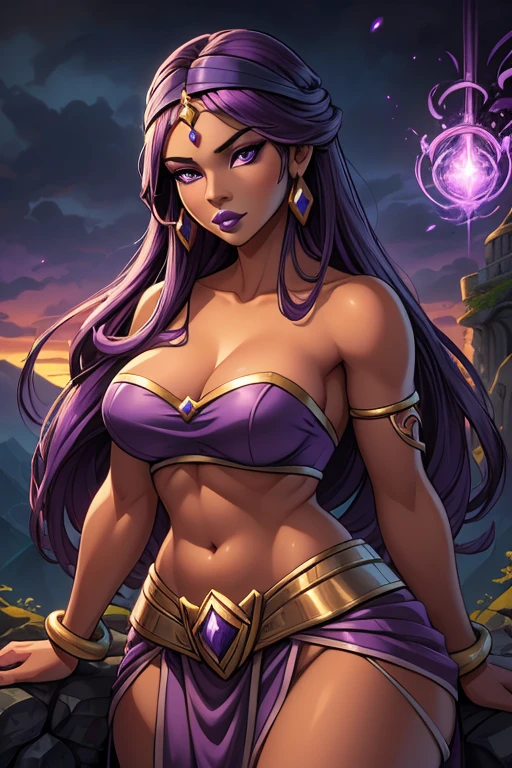 ((ultra quality)), ((masterpiece)), ((Purple-haired long hair)), (Beautiful face), (beautiful female lips), (Fantasy style, Fantasy setting), ((Sorceress)), (25 years old), charming, ((sexy facial expression)), looks at the camera, (dark skin color), (dark skin), glare on the body, ((Detailed eyes)), ((Purple eyes)), (juicy female lips), (purple lips), (purple eyeliner), (beautiful female hands), ((ideal female figure)), (Covered in Tattoo's), ideal female body, beautiful waist, beautiful hips, medium breasts, ((subtle and beautiful)), A seductive stance (), (Wearing: headband, purple strapless top, purple mini-skirt, pelvic curtain, bracelets), both hands glowing bright purple, purple magic, bright purple sparks in both hands, (Background: Outdoors, stone temple, on top of a mountain, dark clouds in the sky, isolated tone, gorgeous view of the mountains), ((depth of field)), ((high quality clear image)), (clear details), ((high detail)), realistically, professional photo session, ((Clear Focus))
